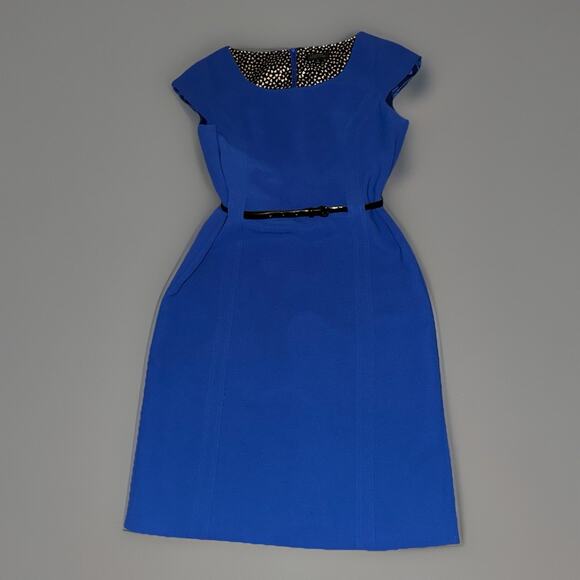 Tahari Arthur S. Levine Cap Sleeve Belted Sheath Dress Sz 10 Blue Office Career - Picture 1 of 8